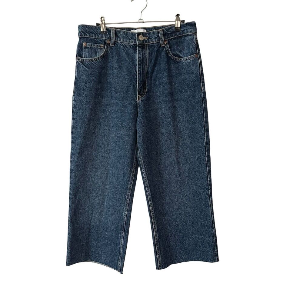 ZARA 8 Wide Leg Cropped Jeans Dark Blue Denim Baggy Y2K High Rise CUT HEM